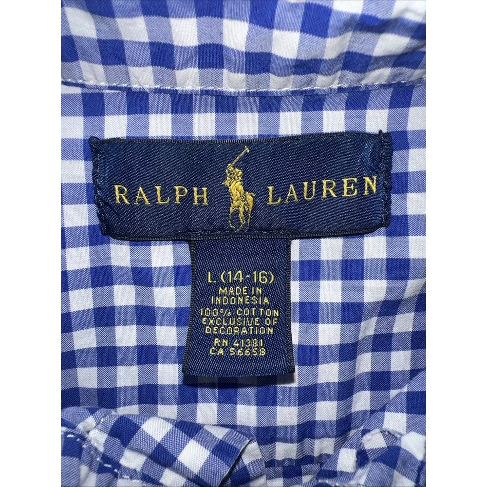 Ralph Lauren Size L 14-16 Blue & White Checked Boys Button-Down Logo Shirt